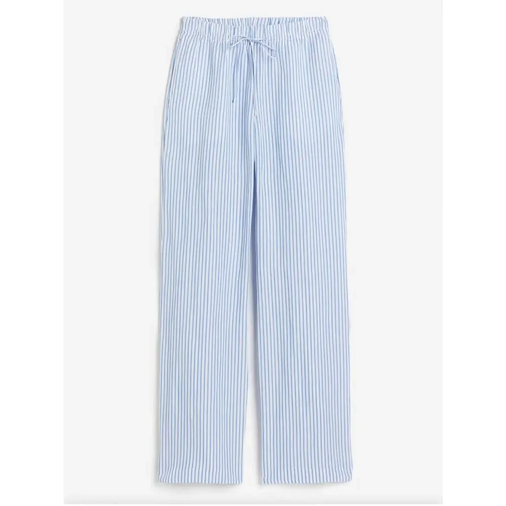 H&M Linen Blend Wide Leg Striped High Rise Pull On Pants Blue White Size XS